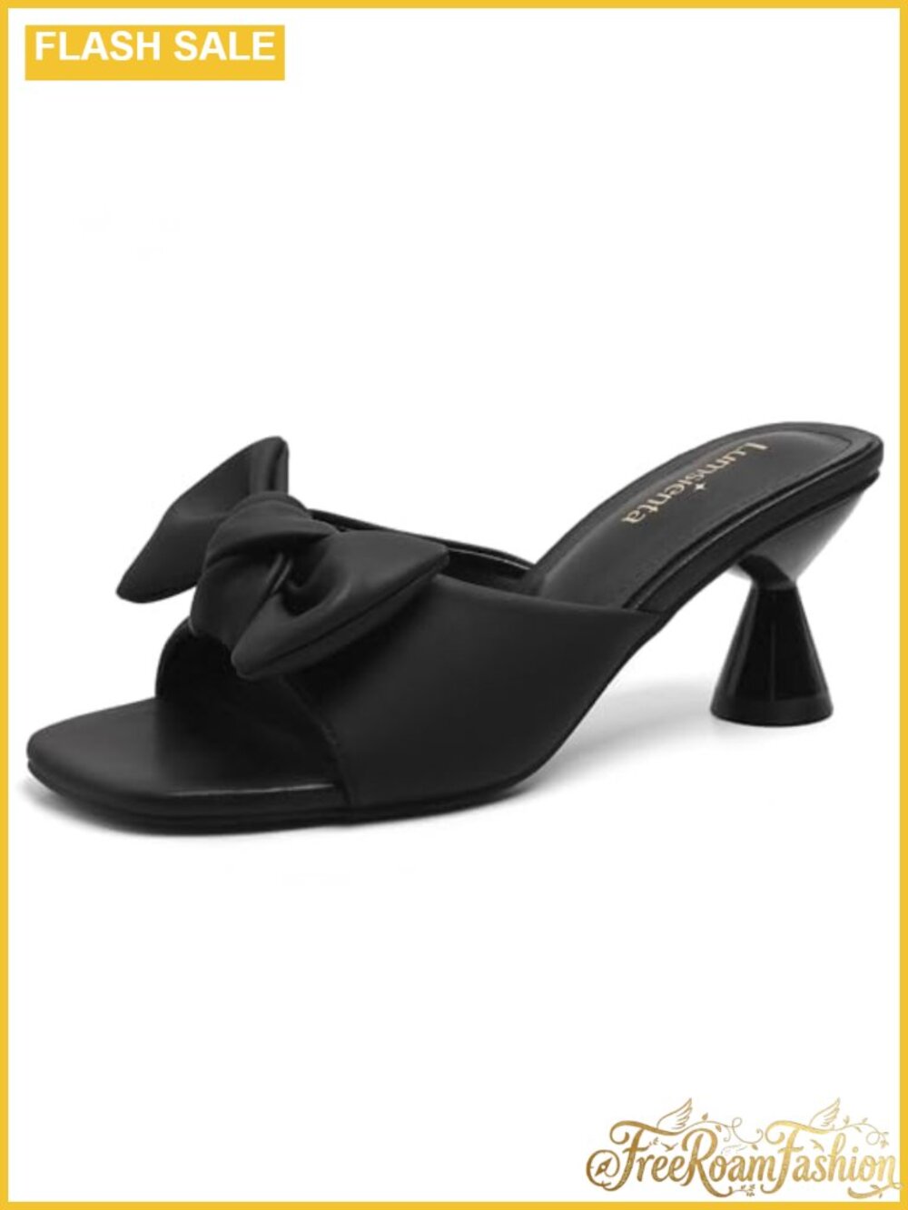 Square Toe Bow Mules 2.4 Inch Kitten Heels Slip On Faux Leather Sandals
